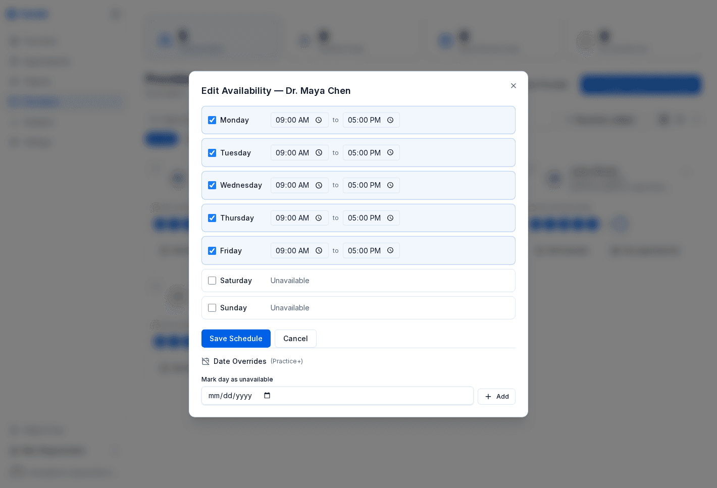 曜日ごとの切り替えと開始・終了時刻を持つプロバイダーのスケジュール編集画面