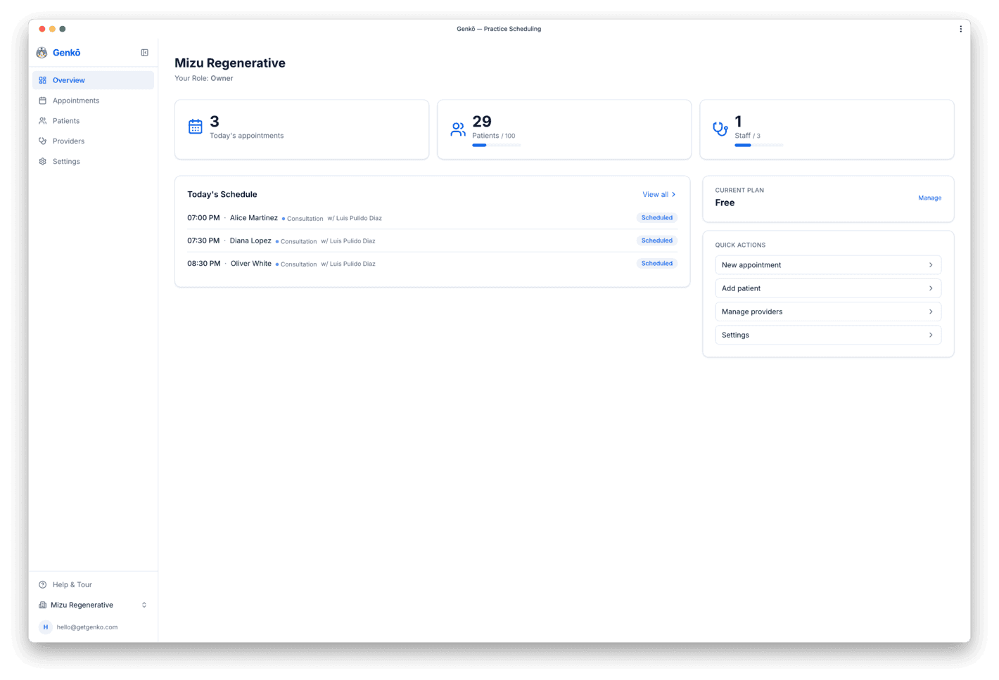 Dashboard overview showing stats and upcoming appointments