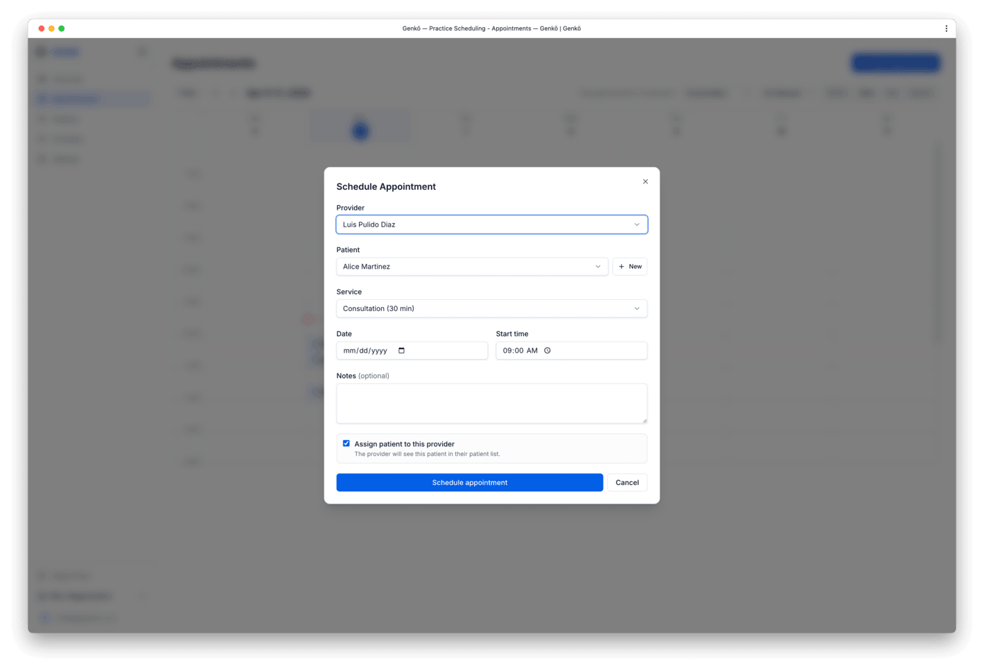 New appointment dialog with patient, provider, service, and time fields