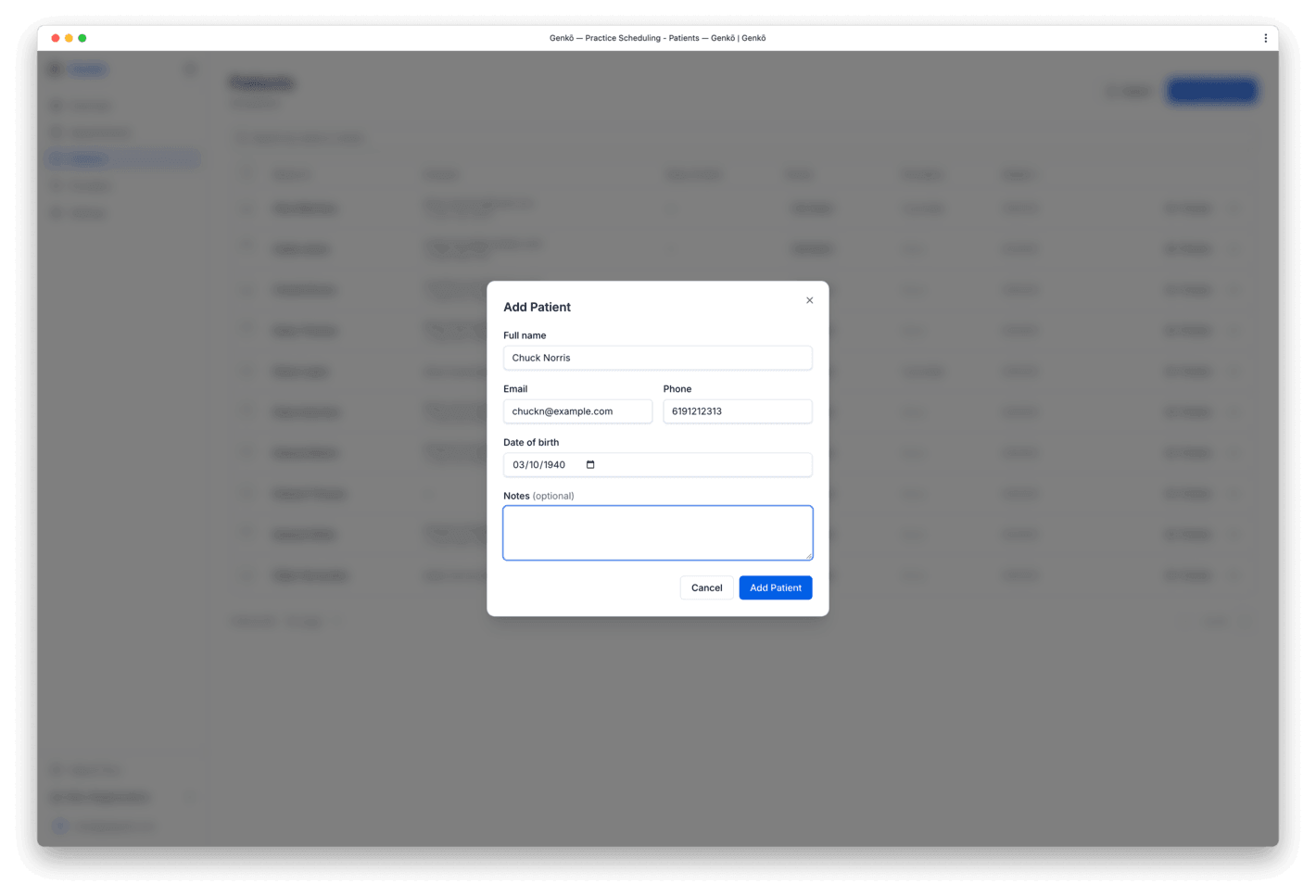 Add patient dialog with name, email, phone, and notes fields