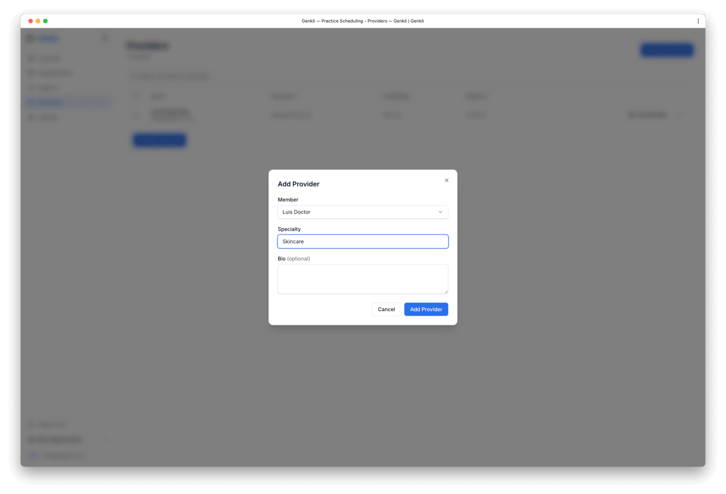 Add provider dialog with name, specialty, and bio fields