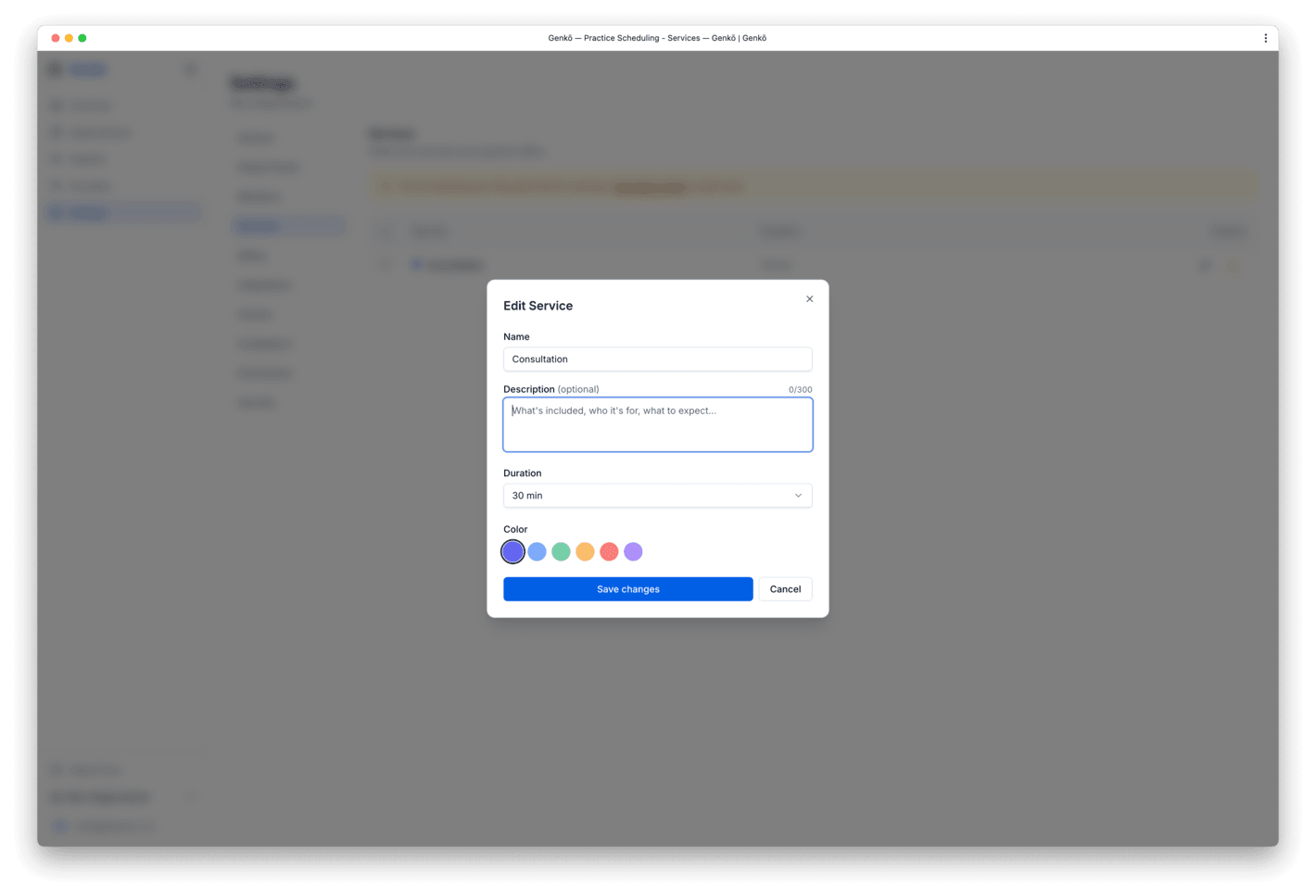 Services list showing appointment types with add and edit actions