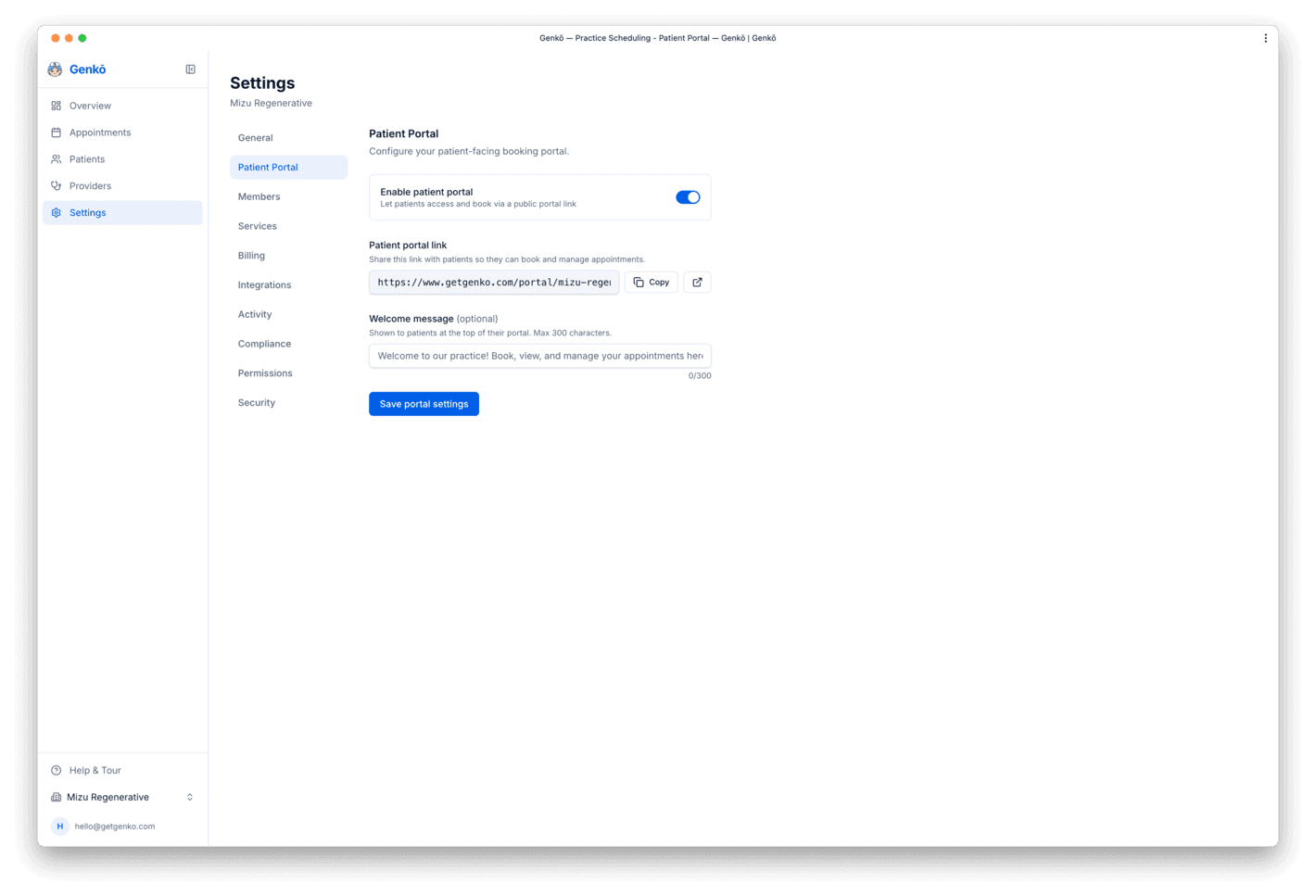Patient portal settings page with enable toggle and public booking URL