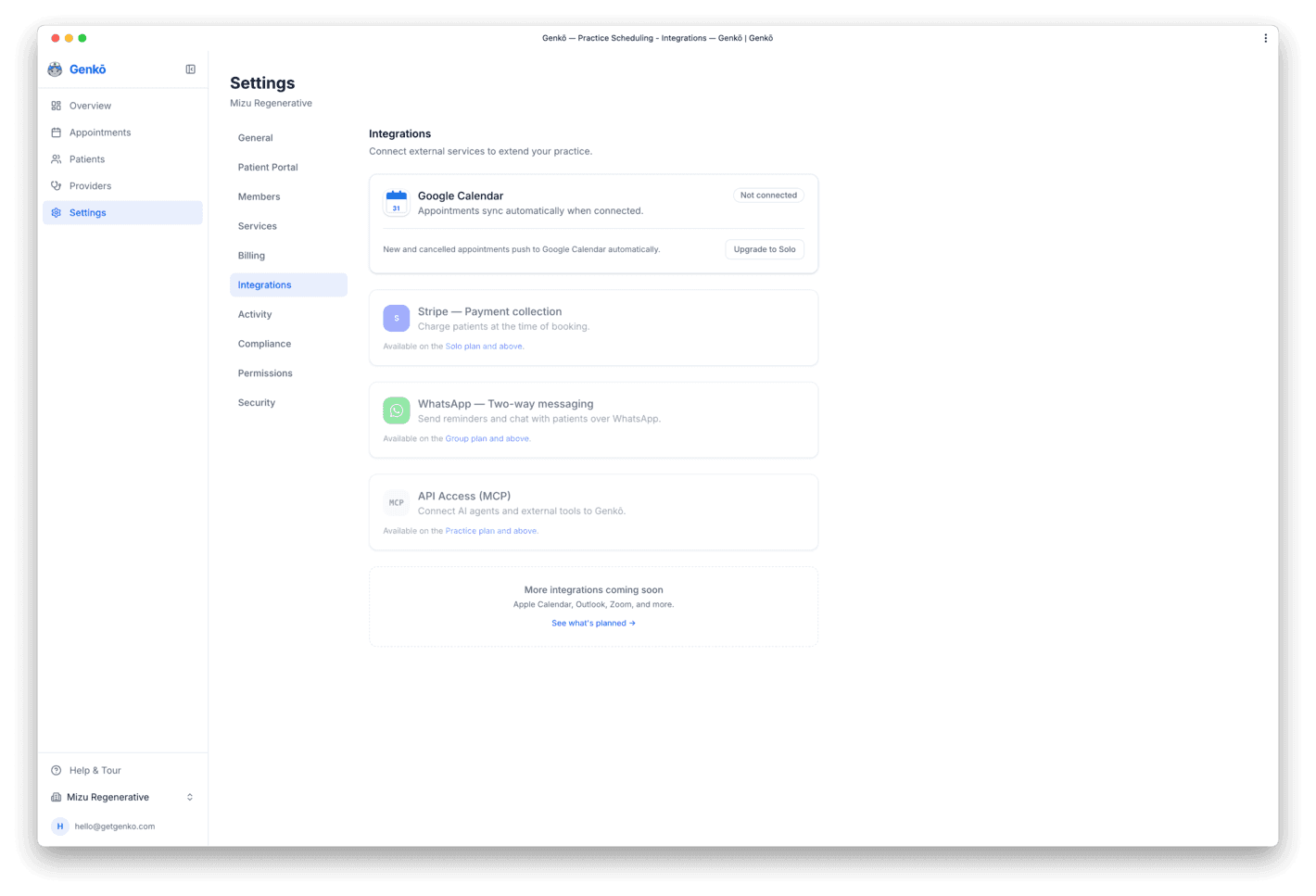 Integrations page showing Google Calendar connection status